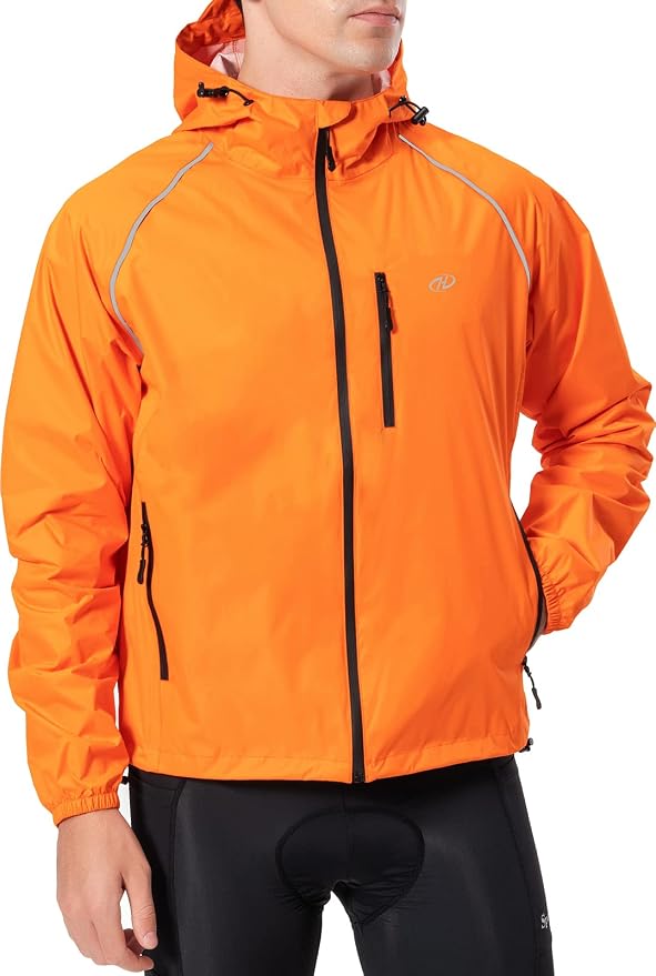 Hugut Men's Cycling Running Rain Jacket Lightweight Waterproof Biking Hiking Windbreaker Raincoat Reflective Packable