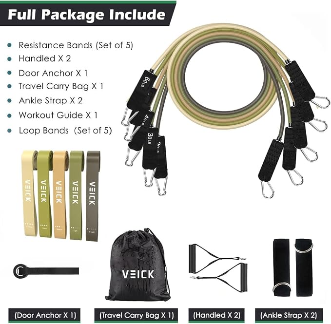 VEICK Resistance Bands Set, 10-150 LBS Stackable Exercise Bands with Handles, Ankle Straps & Door Anchor, Workout Bands for Home Gym, Yoga, Pilates, Physical Therapy for Men Women