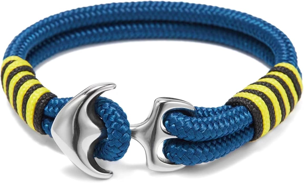 Men's Nautical Anchor Cuff Bracelet, Handmade Black & Blue Stainless Steel Rope Wristband with Lobster Claw Clasp