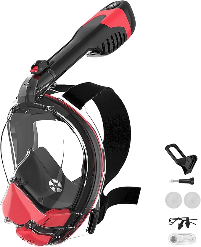 Electric Full Face Snorkel Mask for Adults, Fan-Assisted Airflow Snorkeling Gear, 180° Panoramic Anti-Fog View, Dry Top Leak-Resistant Design with Camera Mount for Beach Vacation