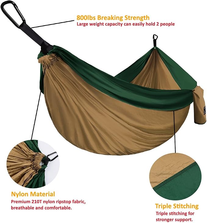 Gold Armour Camping Hammock - XL Double Hammock Portable Hammock Camping Accessories Gear for Outdoor Indoor with Tree Straps, USA Based Brand (Khaki and Dark Green)