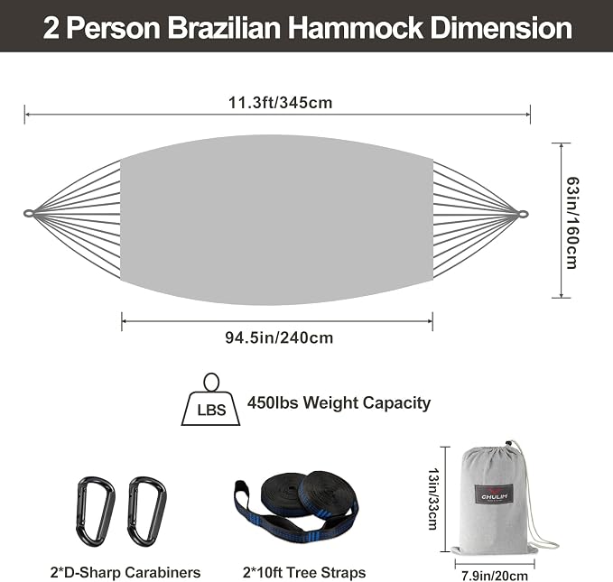 CHULIM Brazilian Double Hammock with Tree Straps,Extra Large 94x63IN,2 Persons Hammock for Backyard Patio Outdoor and Indoor,450lbs Weight Capacity,Soft Woven Cotton Fabric - Light Grey