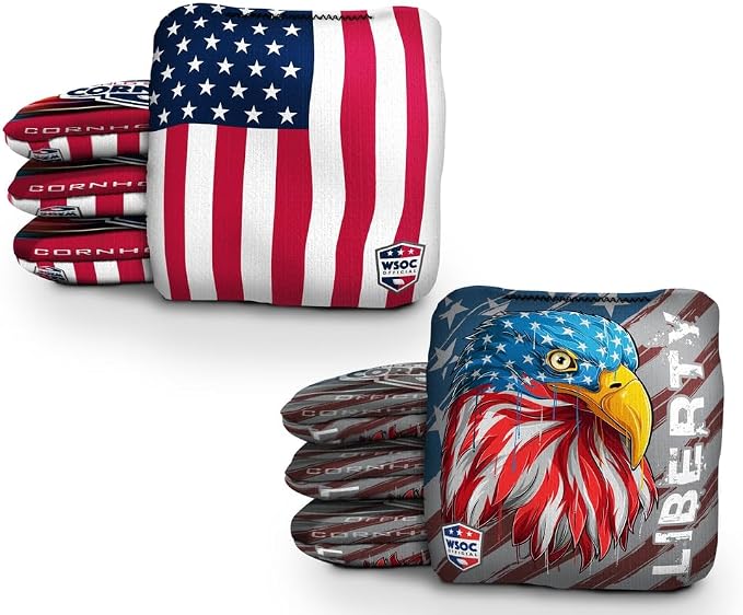 Official Pro Cornhole Bags Set of 8 – Regulation Size & Weight Corn Hole Bean Bags – Patriotic American Flag Inspired Designs – Professional Outdoor Yard Game Accessories