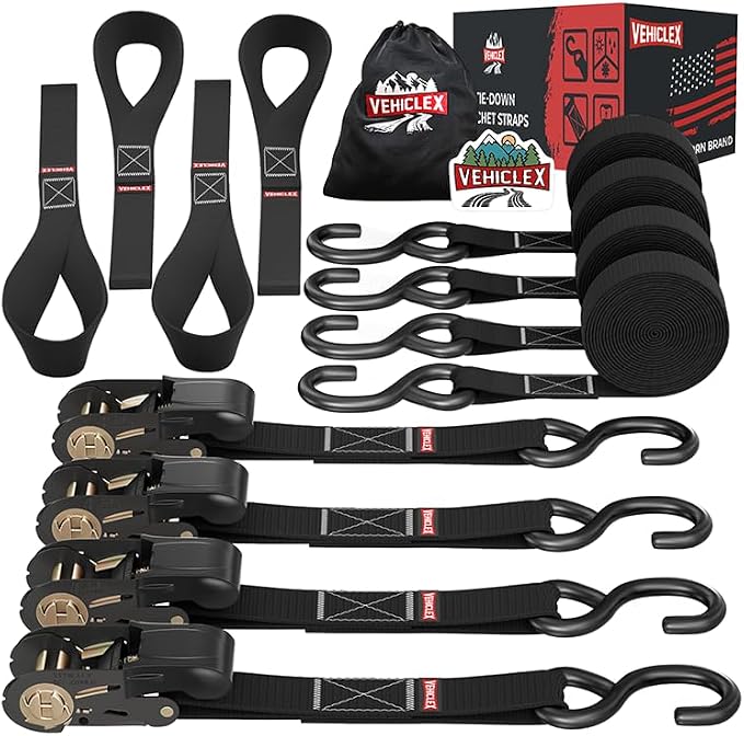 Ratchet Tie Down Straps (1,800 lbs Break Strength) - Vehiclex 15 Ft Versatile Straps for Powersports, Garage, and Outdoor Use - Soft Loops, Deep S-Hooks & Comfort Grip Handle (4 Pack, Black)