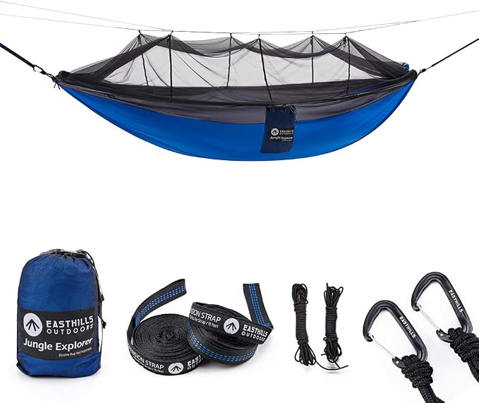 Easthills Outdoors Jungle Explorer 118" x 79" Double Camping Hammock Lightweight Rip-Stop Parachute Nylon 2 Person Hammocks with Removable Bug Net, Tree Straps and Tarp Blue