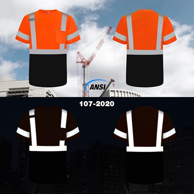TCCFCCT Construction Shirts Class 2 High Visibility Shirts for Men, Hi Vis Reflective Safety Shirts for Men Women, Short Sleeve Work Shirts with Black Bottom, Durable & Breathable, DP-Orange 5XL