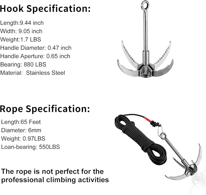 Ant Mag Grappling Hook with Claw Tips - Heavy Duty Stainless Steel Carabiner for Camping, Hiking, Tree Climbing, Water Retrieval & Salvage Operations