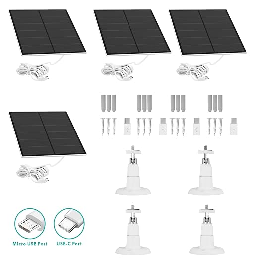 4-Pack Solar Panel Camera Charger Fit for eufyCam, eufyCam E eufyCam 2 eufyCam 2 Pro, eufyCam 2C, eufyCam 2C Pro, SoloCam (E20/E40/L20/L40/S40), or 4G LTE Starlight Camera Micro USB Type-C 10FT Cable
