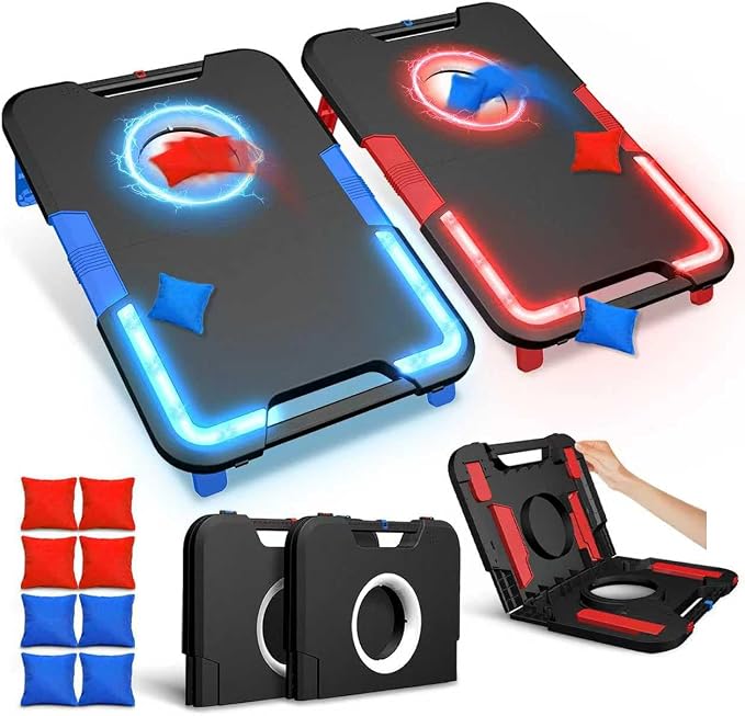 LED Cornhole Board Set, Light-Up and Travel Cornhole Boards Games Set, Corn Holes Outdoor Game, Corn Hole Game Set w/ 2 Boards, 8 Beans Bags for Backyard, Beach, Lawn
