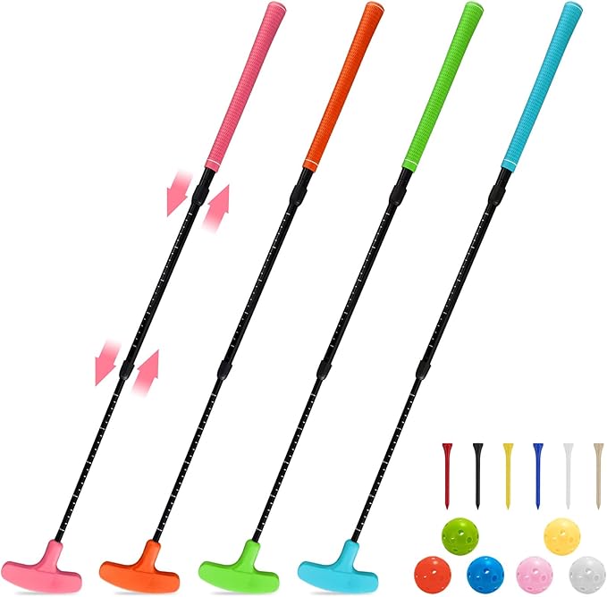 Golf Putting Green Training Set, 4 Pack Multicolor Adjustable Putters with Automatic Ball Return and 6 Practice Balls, Indoor Outdoor Putting Practice Kit for Home Office, Right/Left Handed
