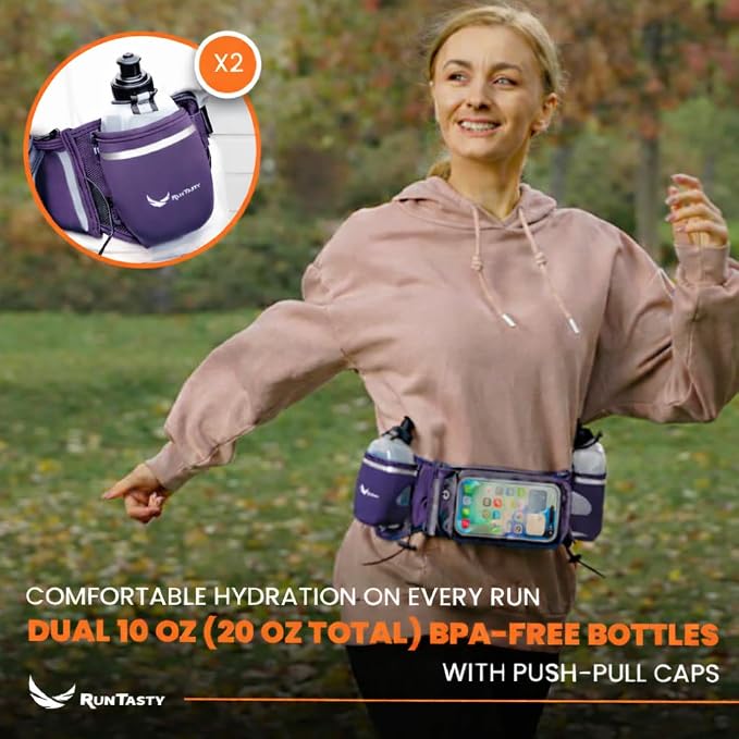 No.1 Hydration Belt by Runtasty - Premium Running Fuel Belt w/2 BPA-Free 10 oz Water Bottles, Tilt-Up Pocket w/Touchscreen-Ready Cover - Fits All iPhones, Runners Ebook & No-Bounce Design