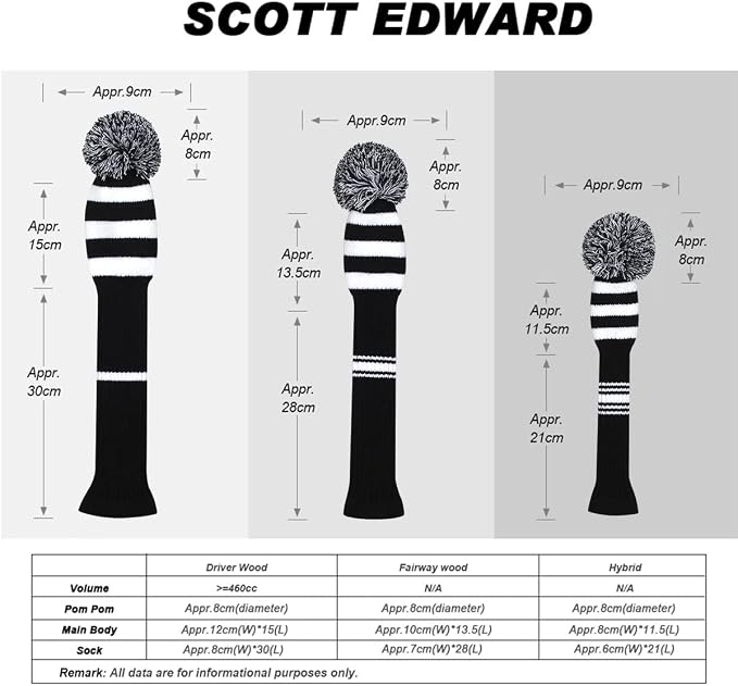 Scott Edward Knit Golf Club Cover with a Pom Set of 5 Head Covers Protect Driver Wood(460cc) 1 Fairway Wood2 and Hybrid/UT2 with Rotating Club Number Tags
