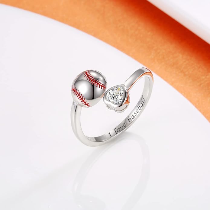 925 Sterling Silver Basketball Softball Baseball Football Tennis Racket Ring Adjustable Sports Jewelry Gifts for Women Player Mom