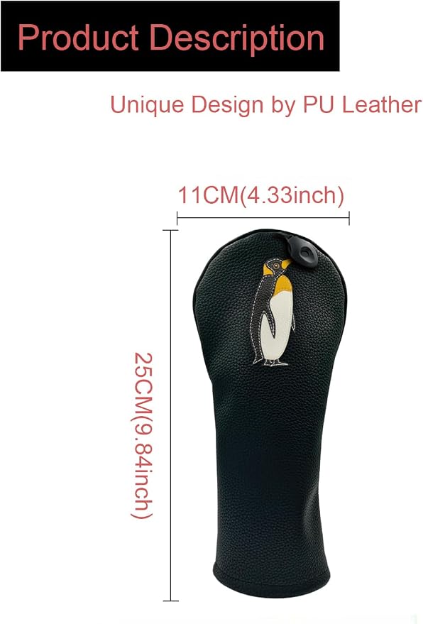 Penguin PU Leather Golf Club Covers Driver Headcovers Fairway Woods Hybrid Protector with Interchangeable Number Tag