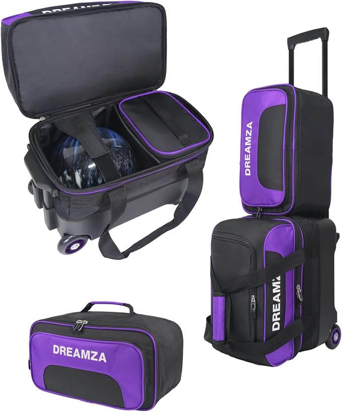 Single Bowling Ball Bag with Wheels, Deluxe Rolling Bowling Bags 1 Ball and Shoes Pocket w/Molded BallCup, Bonus Storage Bag, 40" Retractable Handle - Large 1 Ball Bowling Bags with Wheels