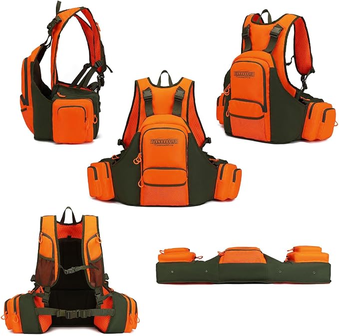 Upland Bird Hunting Vest Backpack, Waterproof Blaze Orange with Hydration Bladder, Built-in Compass & Whistle, Dog Gear Pockets, for Dove Pheasant Quail Breathable Tactical Hunting Vest