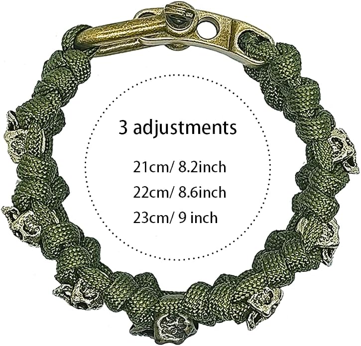 Skull Paracord Bracelet Black Green Paracord Bracelet Adjustable Gothic Design Bracelets with Metal Skull Charms U-Shackle Closure