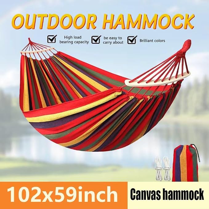 Cotton Canvas Hammock, Comfortable Fabric Camping Hammock with Tree Straps, Up to 440lbs with Travel Bag for Camping Outdoor/Indoor Patio Backyard(Red, with bar)