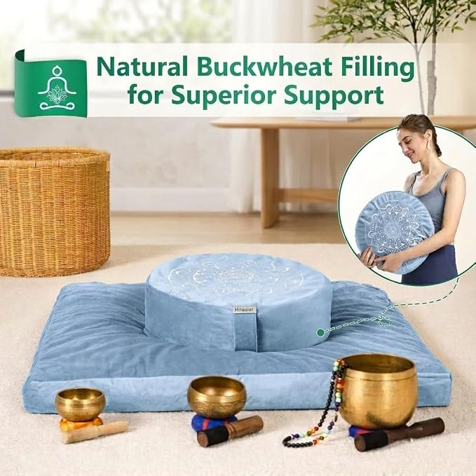 Hihealer Meditation Cushion, Traditional Tibetan Meditation Pillow Velvet Cover - Large Floor Cushion Seating for Adults - Yoga Buckwheat Bolster for Women、Moms