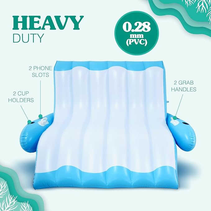 4E's Novelty Two Person Inflatable Pool Recliner Adult Pool Lounger Float with Cup Holder - Heavy Duty Lounger for Adults Floating Recliner Blow Up Floaties Water Floaty Lake Beach Tanning Float