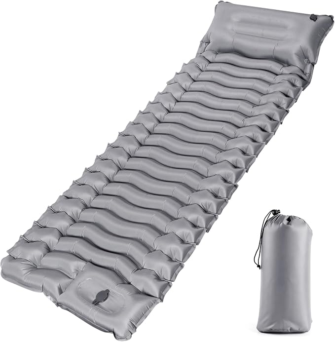 Sleeping Pad, Ultralight Inflatable Sleeping Mat with Pillow & Foot Pump, Extra Thick Compact Camping Mattress for Hiking, Backpacking & Tent Use(Gray)