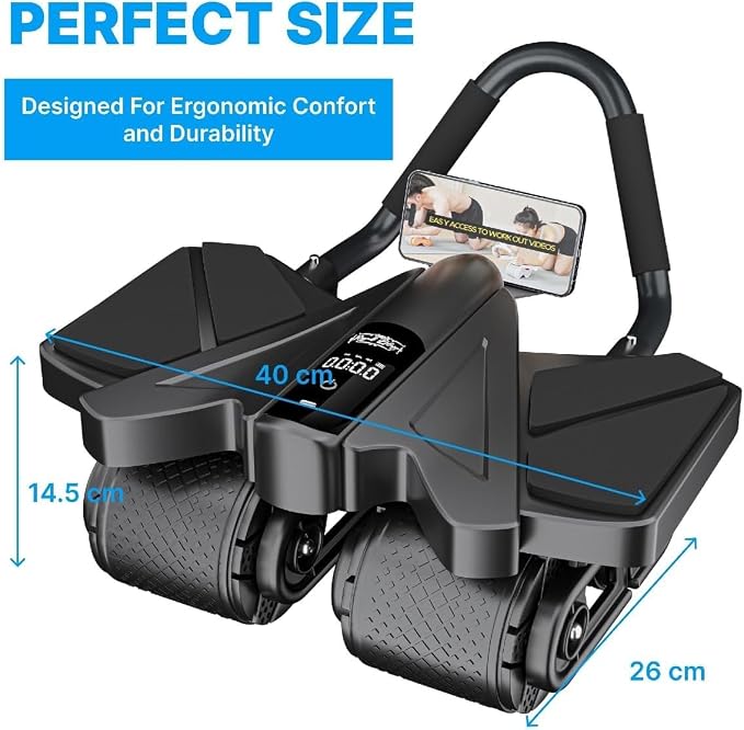 Ab Roller Home Gym Equipment – 4 Wheels Ab Wheel Muscle Roller with Built-in Tracker , 5Pcs Resistance Bands, Ankle Straps, Door Anchor, Handles, Travel Bag – Comfortable Elbow Support with Non-Slip Handles