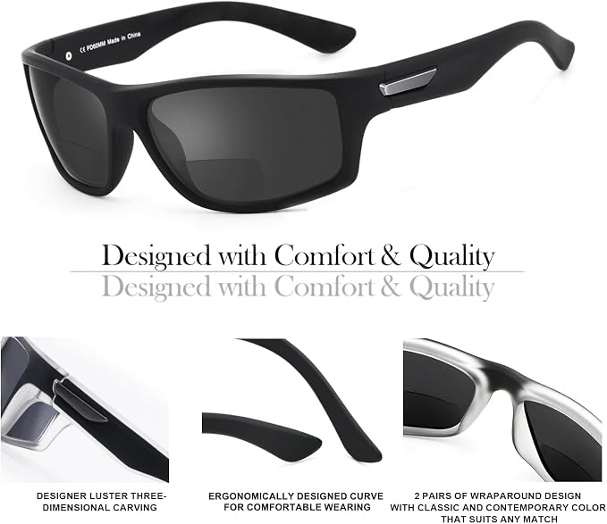 Missfive 2-Pack Mens Ultimate Bifocal Sunglasses with Readers Built In Sporty Upgraded Wrap Frame, UV400 Protection Driving & Reading Glasses for Outdoor +1.25