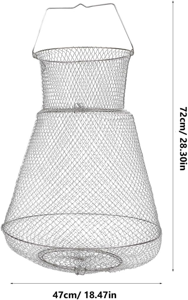Extra Large Wire Fish Basket, 28X18 inches Fishing Net Cage Collapsible, Crabs Basket Trap Holder for Live Caught Fish, for Seawater, River, and Boat Fishing, Stainless Steel Galvanized, Silver