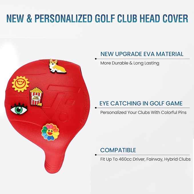 Snap-On Golf Club Covers for Right-Handed Golf Clubs, Easy On Off in 1 Second, Fits 460cc Drivers, Washable EVA Plastic with Shaft Lock, DIY Pins for Customization