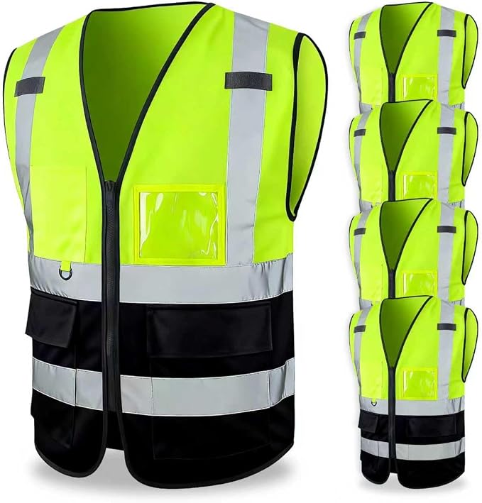 FATONE Hi Vis Safety Vest for Men with Reflective Strips, Class 2 High Visibility Vest with Pockets for Construction, Traffic, Warehouse, Security, Volunteer, 5 Pack Black Bottom Yellow, L