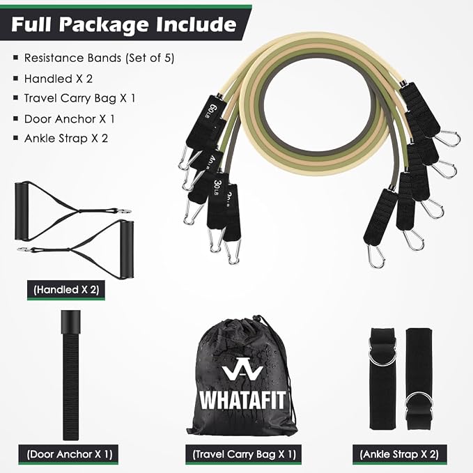 WHATAFIT Resistance Bands, Exercise Bands, Workout Bands with Handles, Door Anchor and Ankle Straps, 5 Resistance Levels Fitness Bands for Strength Training, Physical Therapy, and Home Gym Equipment