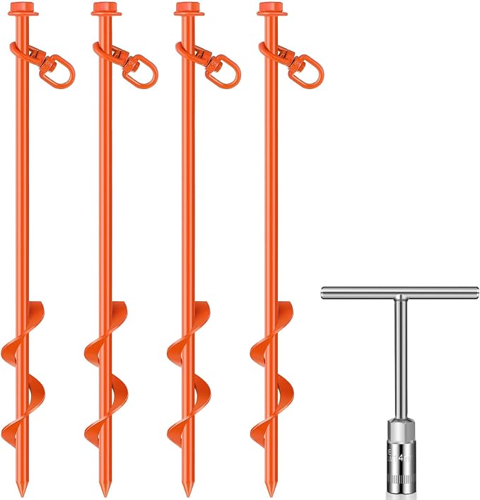 Hiboom 4 Pcs Ground Anchors with T Handle Hex Wrench Trampoline Hook, Ground Anchor Screw in Kit, Inflatable Outdoor Decorations Accessories for Camping Tents Car Ports Canopies (Orange,16 Inch)