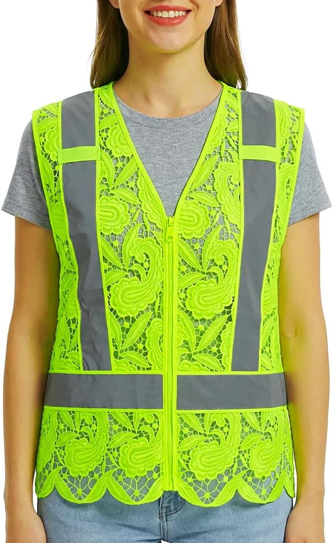 Lace-Mesh Safety Vest for Women & Men - Breathable, High Visibility Vest with Zipper & ANSI Class 2 Reflective Strips