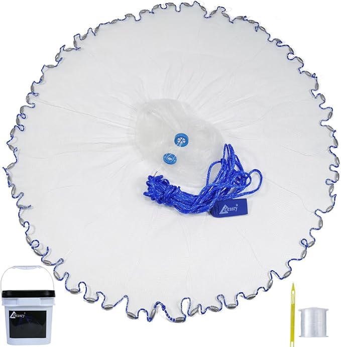 Drasry Saltwater Fishing Cast Net for Bait 3/8 1/4 or 1/2 with Heavy Sinkers Fish Trap Throw Net. Size 3ft/4ft/5ft/6ft/7ft/8ft/9ft/10ft Radius Freshwater Nets