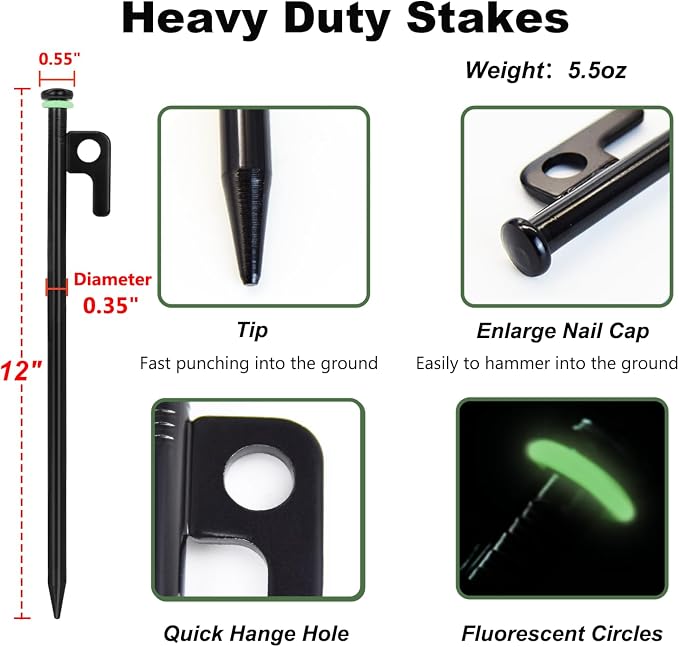 20Pcs Tent Stakes, 12in/16in Heavy Duty Tent Stakes, 0.35" Dia. Forged Steel Stakes Heavy Duty for Tent Used on Rocks, Snowfield(20Pcs 12in Stakes)