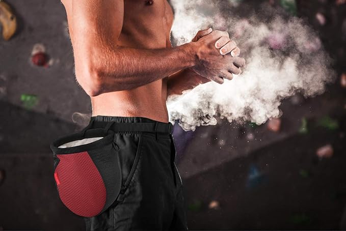 Rhino Valley Climbing Chalk Bag, No Leak Drawstring Chalk Bag with Adjustable Belt, Carabiner Clip and Zippered Pockets Chalk Bag for Rock Climbing, Cross Fit, Weight Lifting & More