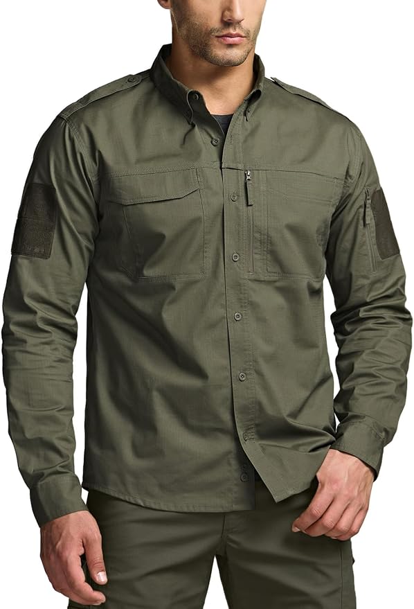 CQR Men's Long Sleeve Tactical Shirts, Ripstop Military Work Shirts, UPF 50+ Breathable Button Down Outdoor Hiking Shirt