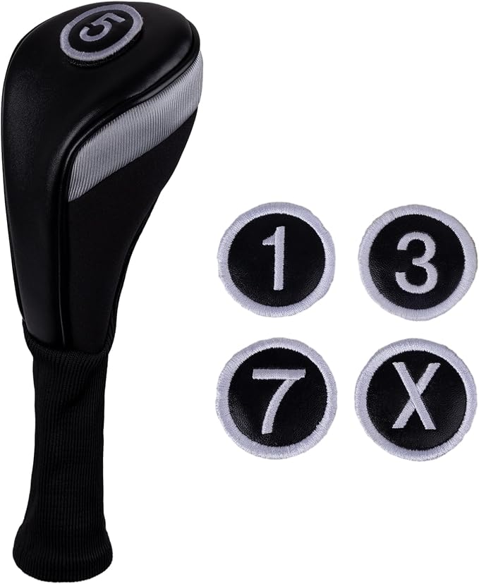 Andux 3pcs/Set PU Golf Wood Club Head Covers with Long Neck | for 460cc Driver Fairway Wood Club with Hook & Loop No. Tags Coloured Piping Pull-On Closure