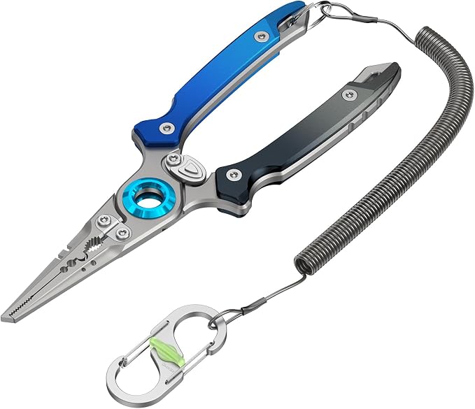 KEXMO 17-4 Stainless Steel Fishing Pliers, Anti-Twist Saltwater Hook Remover Tool, 7.17" Split Ring Pliers with Tungsten Cutters, Lightweight Aluminum Scales, Luminous Locking S-Carabiner