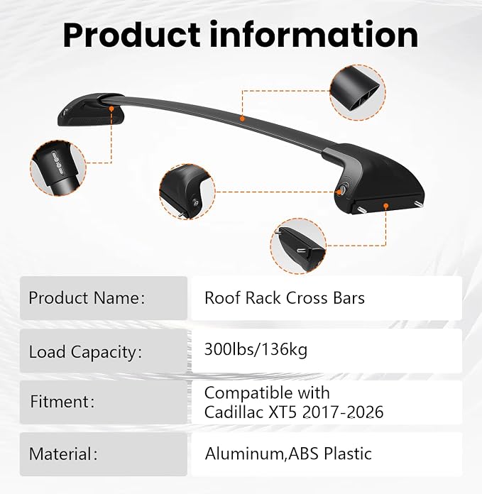 300lbs Lockable Roof Rack Cross Bars Compatible with Cadillac XT5 2017 2018 2019 2020 2021 2022 2023 2024 2025 2026, Aluminum Roof Crossbar for Rooftop Cargo Carrier Kayak Bike Snowboard