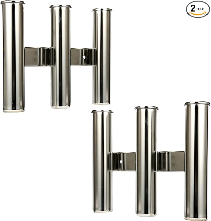 Amarine Made 2Pcs 3 Tube Boat Fishing Rod Rack 316 Stainless Steel Wall/Side Mounted Rod Holder Bracket Fishing Pole Holder for Marine Boat Yacht Camper