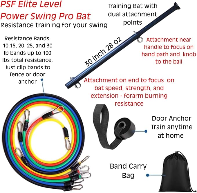 Power Swing Pro Resistance Swing Training Bat Baseball Softball Cricket Training Aid, 5 Adjustable Resistance Bands, Swing Path, Strength, & Bat Speed for All Ages, at Home Training