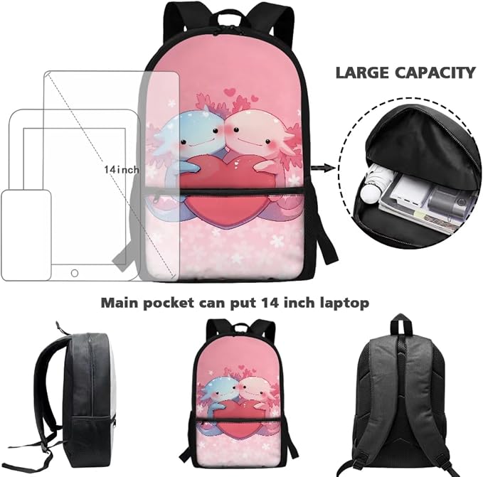 Axolotl Backpack for Girls School Bag and Lunch Box Set Pencil Case Water Bottle Holder 4 PCS School Bag Set 17 Inch Kindergarten Bookbag Back to School Supplies