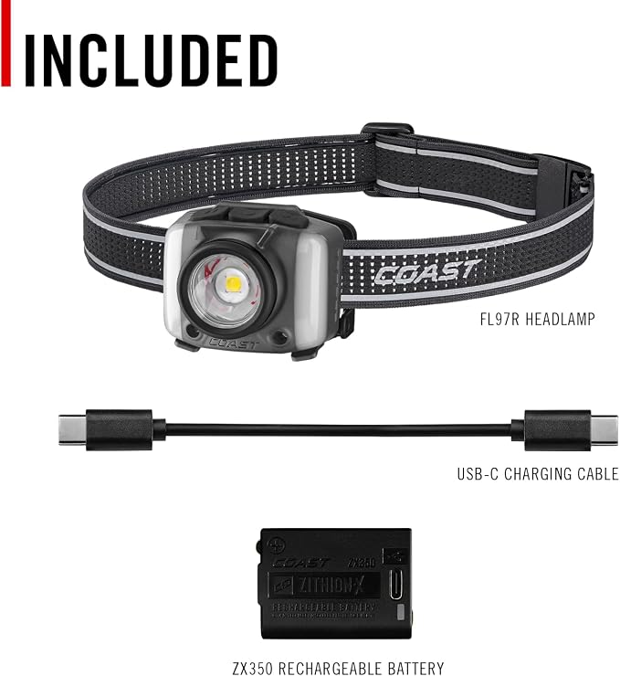 Coast FL97R Voice-Controlled 1200 Lumen Rechargeable LED Headlamp with Pure Beam Spot & Flood, ARC Lighting, Red & Green Color Modes, Glide Focus Radial Arm Dial and USB-C Charge Port, Grey