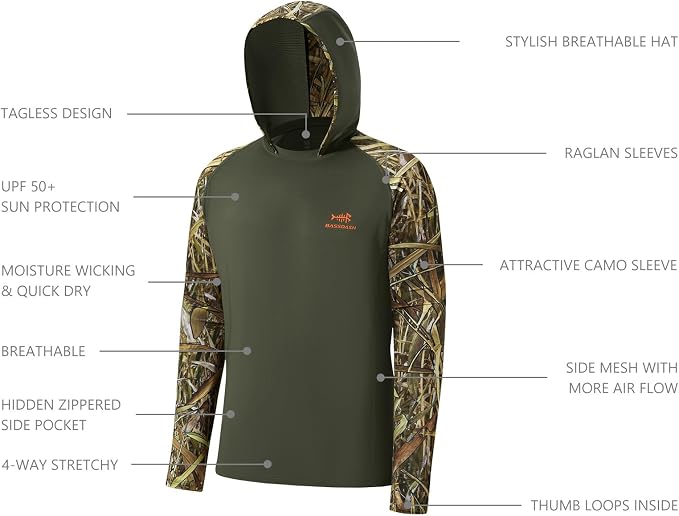 BASSDASH Men’s UPF 50 Performance Fishing Shirt Cooling Hoodie Camo Long Sleeve FS17M