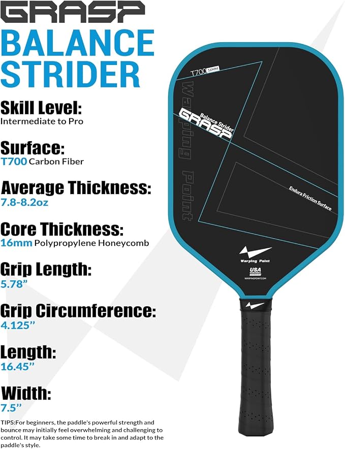 Warping Point Raw Carbon Fiber Pickleball Paddle, Endura Friction Surface For Maximum Spin & Balanced, Multi-Layer Carbon Fiber Edgeless Design, 16mm Polypropylene Honeycomb Core, USAPA Approved, Blue