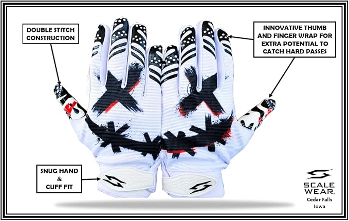 Jester Football Receiver Gloves White – HA HA X Eyes Tacky Pro Grip Palms Battle College Lineman Men Adult Youth Kids Small to XXL Sizes Unleash Your Joker Venom