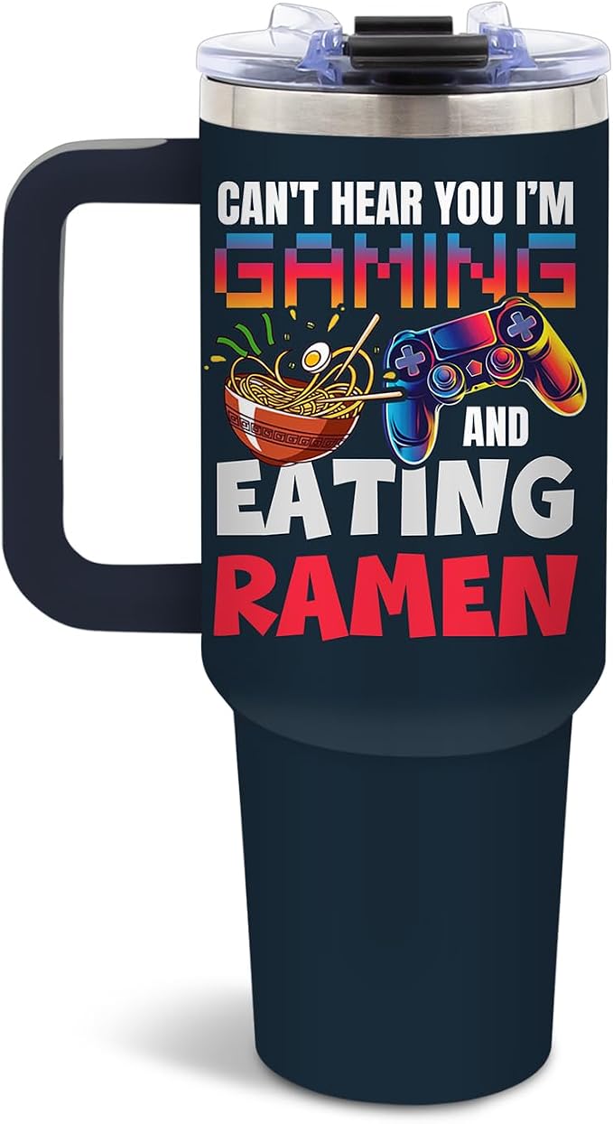 DUUV Gaming Tumbler 40oz, Insulated Gaming Gifts for Gamer | Dark Blue Gamer Tumbler Leakproof, Game Controller Gift for Man Boys, Can’t Hear You I’m Gaming and Eating Ramen, 1 Pack