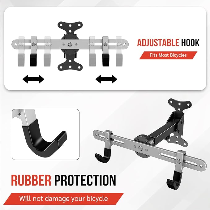 Heavy-Duty Bike Wall Mount for Garage Aluminum Alloy & Steel Folding Bicycle Rack,360° Rotation,Adjustable Hook, 66lbs Capacity Horizontal Indoor Bike Storage, for Road Mountain Hybrid Bikes