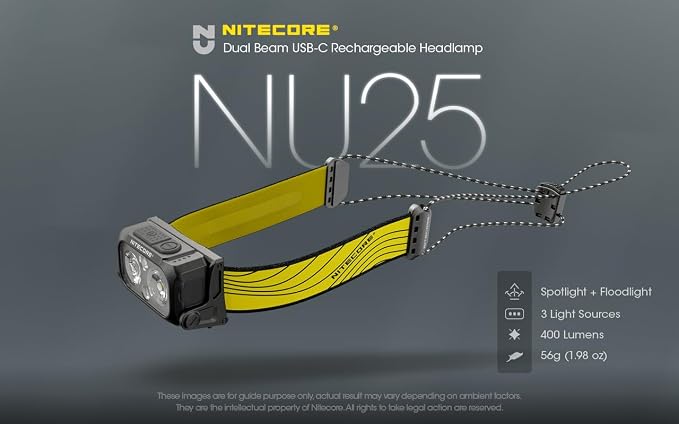 EdisonBright Nitecore NU25 400 USB-C Rechargeable Lightweight Dual Beam Headlamp with EBR Power Adapter